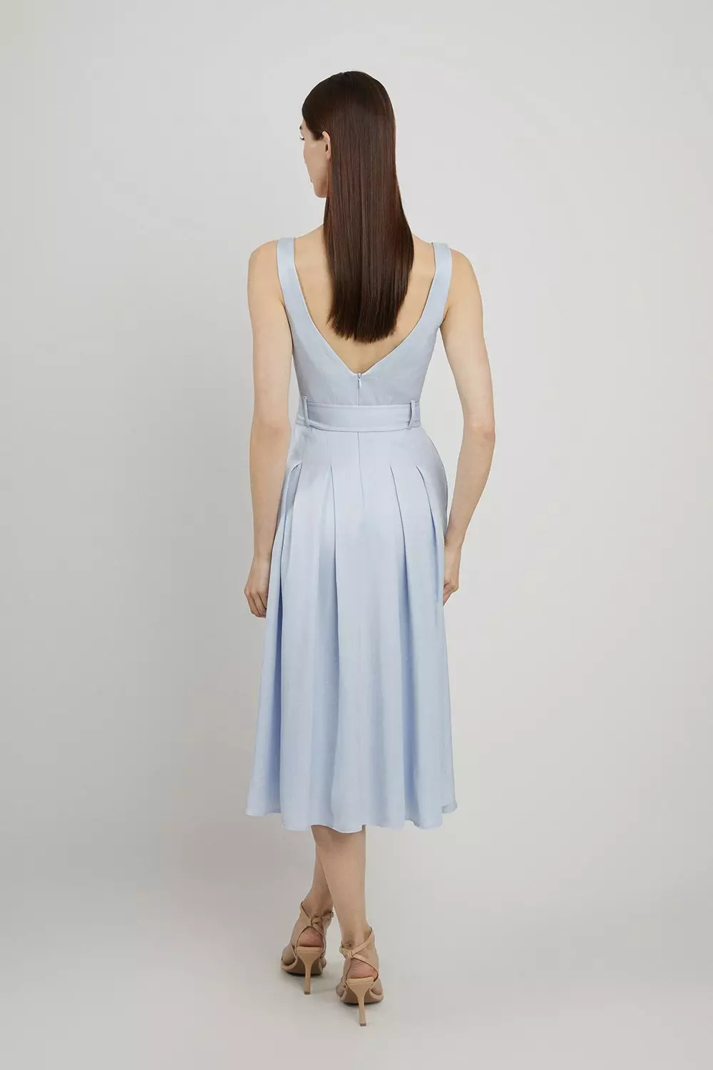 Petite Premium Tailored Linen Belted Full Skirt Midi Dress Karen Millen